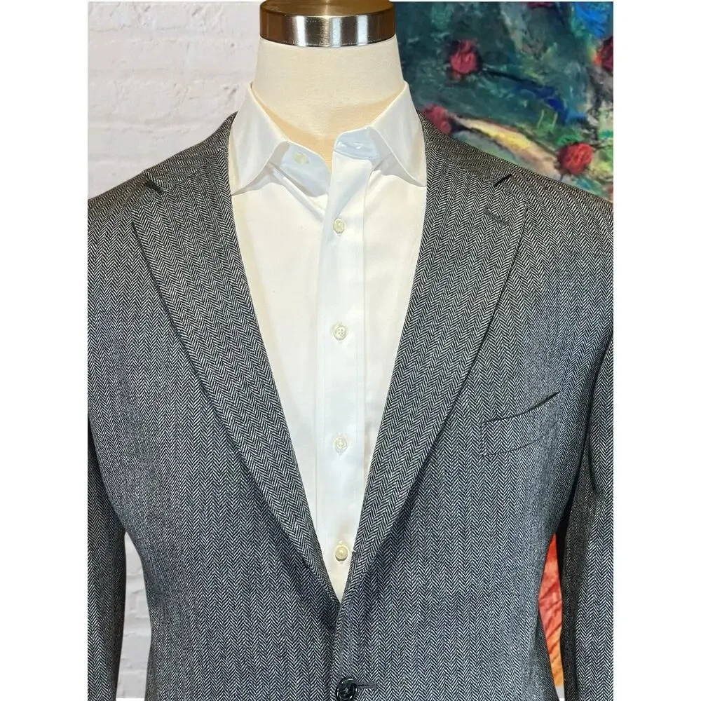 Stafford 46R Gray Herringbone Lambswool Tweed Blazer Sport Coat 3/2 Roll